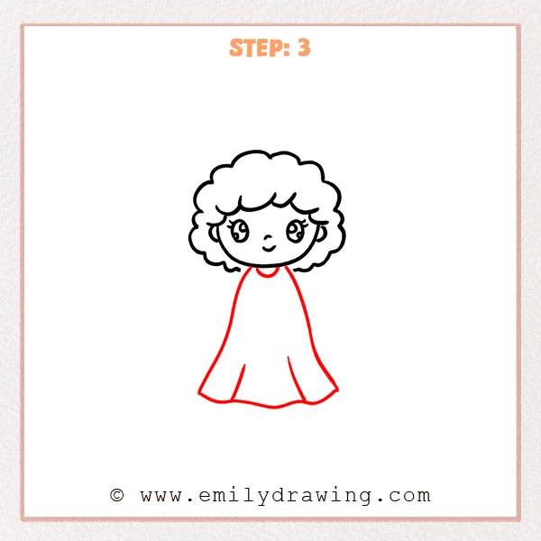 how to draw a cartoon angel - Cartoon angel with a completed head and curly hair, now adding a simple long robe body with a small neckline, wavy hem, and a few fabric folds.